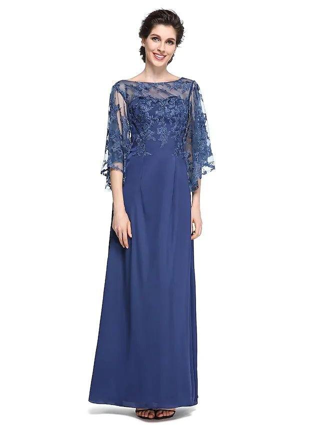 Sheath / Column Mother of the Bride Dress Elegant See Through Bateau Neck Ankle Length Chiffon Lace Half Sleeve with Lace - RongMoon