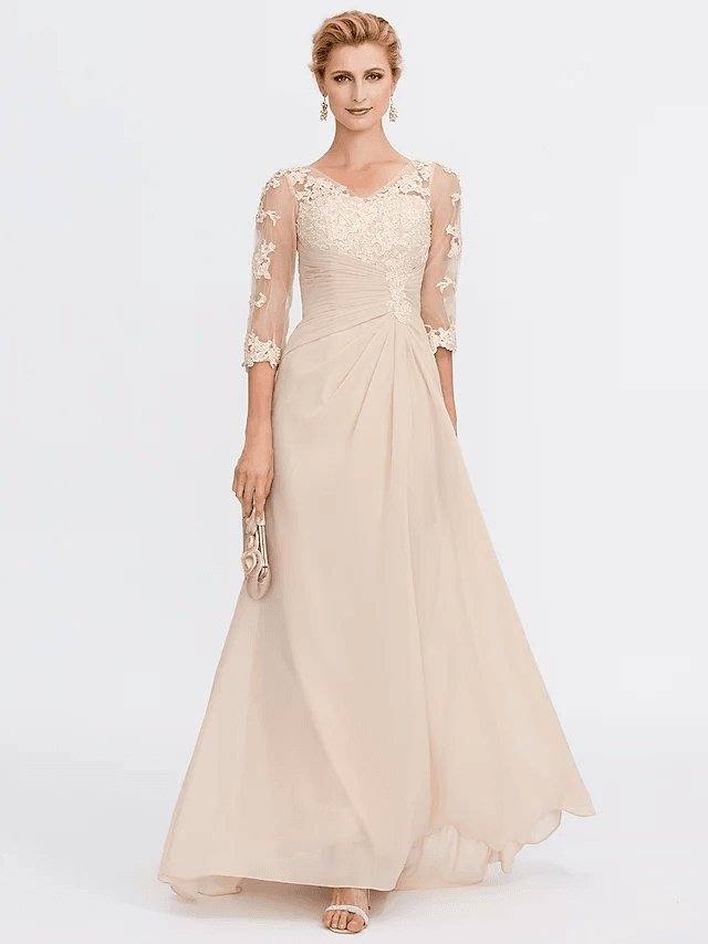 Sheath / Column Mother of the Bride Dress Elegant See Through V Neck Floor Length Chiffon Sheer Lace Half Sleeve with Appliques Side Draping - RongMoon