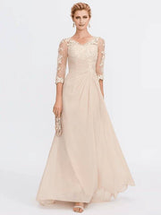 Sheath / Column Mother of the Bride Dress Elegant See Through V Neck Floor Length Chiffon Sheer Lace Half Sleeve with Appliques Side Draping - RongMoon