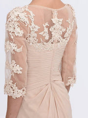 Sheath / Column Mother of the Bride Dress Elegant See Through V Neck Floor Length Chiffon Sheer Lace Half Sleeve with Appliques Side Draping - RongMoon