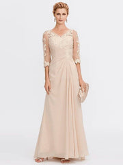 Sheath / Column Mother of the Bride Dress Elegant See Through V Neck Floor Length Chiffon Sheer Lace Half Sleeve with Appliques Side Draping - RongMoon