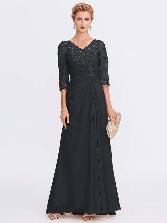 Sheath / Column Mother of the Bride Dress Elegant See Through V Neck Floor Length Chiffon Sheer Lace Half Sleeve with Appliques Side Draping - RongMoon