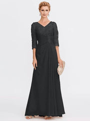Sheath / Column Mother of the Bride Dress Elegant See Through V Neck Floor Length Chiffon Sheer Lace Half Sleeve with Appliques Side Draping - RongMoon