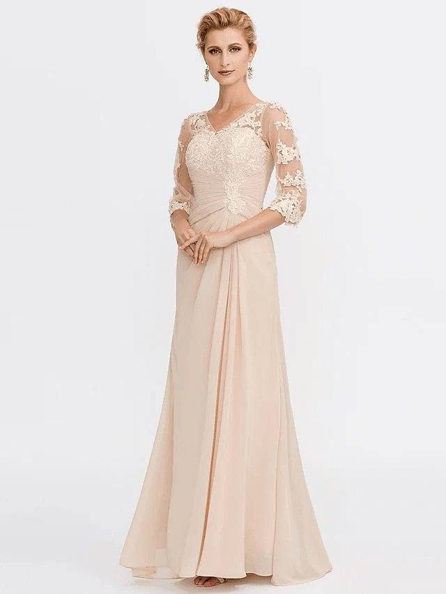 Sheath / Column Mother of the Bride Dress Elegant See Through V Neck Floor Length Chiffon Sheer Lace Half Sleeve with Appliques Side Draping - RongMoon