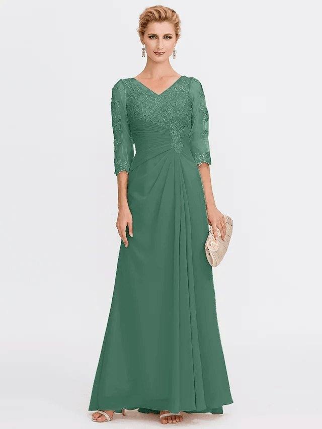 Sheath / Column Mother of the Bride Dress Elegant See Through V Neck Floor Length Chiffon Sheer Lace Half Sleeve with Appliques Side Draping - RongMoon