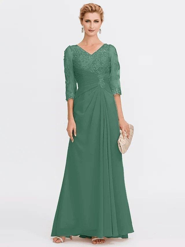 Sheath / Column Mother of the Bride Dress Elegant See Through V Neck Floor Length Chiffon Sheer Lace Half Sleeve with Appliques Side Draping - RongMoon