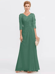 Sheath / Column Mother of the Bride Dress Elegant See Through V Neck Floor Length Chiffon Sheer Lace Half Sleeve with Appliques Side Draping - RongMoon