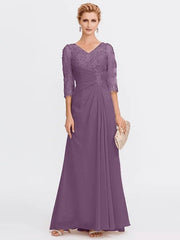 Sheath / Column Mother of the Bride Dress Elegant See Through V Neck Floor Length Chiffon Sheer Lace Half Sleeve with Appliques Side Draping - RongMoon