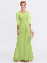 Sheath / Column Mother of the Bride Dress Elegant See Through V Neck Floor Length Chiffon Sheer Lace Half Sleeve with Appliques Side Draping - RongMoon