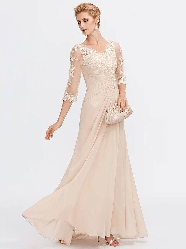Sheath / Column Mother of the Bride Dress Elegant See Through V Neck Floor Length Chiffon Sheer Lace Half Sleeve with Appliques Side Draping - RongMoon
