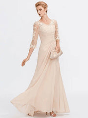 Sheath / Column Mother of the Bride Dress Elegant See Through V Neck Floor Length Chiffon Sheer Lace Half Sleeve with Appliques Side Draping - RongMoon