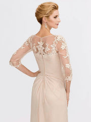 Sheath / Column Mother of the Bride Dress Elegant See Through V Neck Floor Length Chiffon Sheer Lace Half Sleeve with Appliques Side Draping - RongMoon