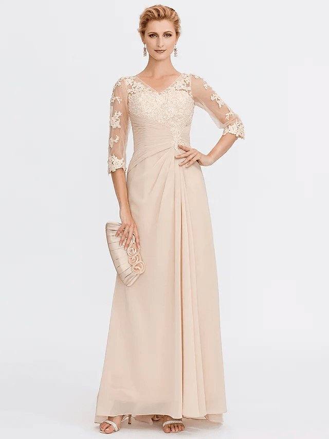 Sheath / Column Mother of the Bride Dress Elegant See Through V Neck Floor Length Chiffon Sheer Lace Half Sleeve with Appliques Side Draping - RongMoon