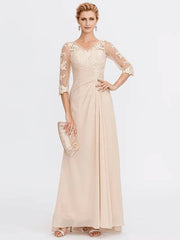 Sheath / Column Mother of the Bride Dress Elegant See Through V Neck Floor Length Chiffon Sheer Lace Half Sleeve with Appliques Side Draping - RongMoon