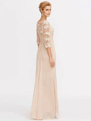 Sheath / Column Mother of the Bride Dress Elegant See Through V Neck Floor Length Chiffon Sheer Lace Half Sleeve with Appliques Side Draping - RongMoon