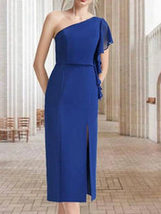 Sheath / Column Mother of the Bride Dress Elegant Sexy One Shoulder Tea Length Chiffon Stretch Fabric Sleeveless with Split Front - RongMoon