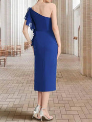 Sheath / Column Mother of the Bride Dress Elegant Sexy One Shoulder Tea Length Chiffon Stretch Fabric Sleeveless with Split Front - RongMoon
