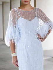 Sheath / Column Mother of the Bride Dress Elegant Sparkle & Shine Jewel Neck Knee Length Stretch Chiffon Half Sleeve with Feather Beading Sequin - RongMoon