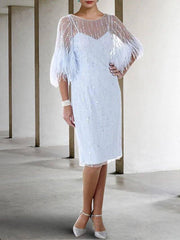 Sheath / Column Mother of the Bride Dress Elegant Sparkle & Shine Jewel Neck Knee Length Stretch Chiffon Half Sleeve with Feather Beading Sequin - RongMoon