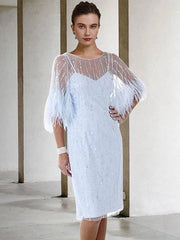 Sheath / Column Mother of the Bride Dress Elegant Sparkle & Shine Jewel Neck Knee Length Stretch Chiffon Half Sleeve with Feather Beading Sequin - RongMoon
