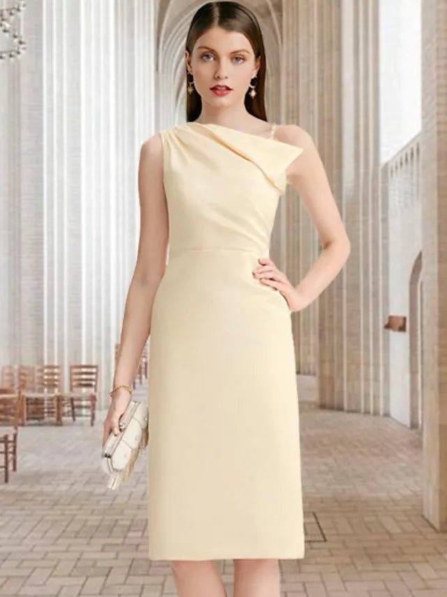 Sheath / Column Mother of the Bride Dress Elegant Sweet One Shoulder Spaghetti Strap Knee Length Chiffon Sleeveless with Side-Draped - RongMoon