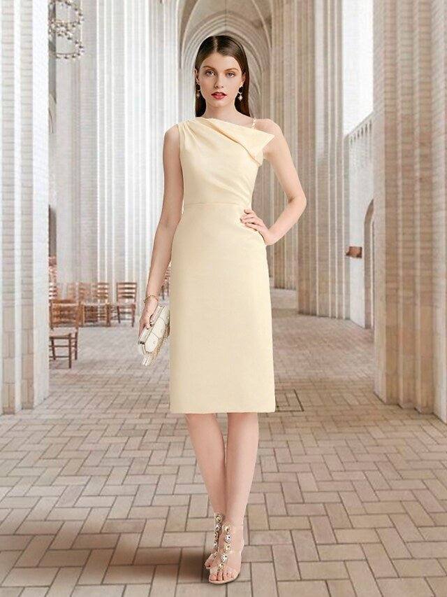 Sheath / Column Mother of the Bride Dress Elegant Sweet One Shoulder Spaghetti Strap Knee Length Chiffon Sleeveless with Side-Draped - RongMoon