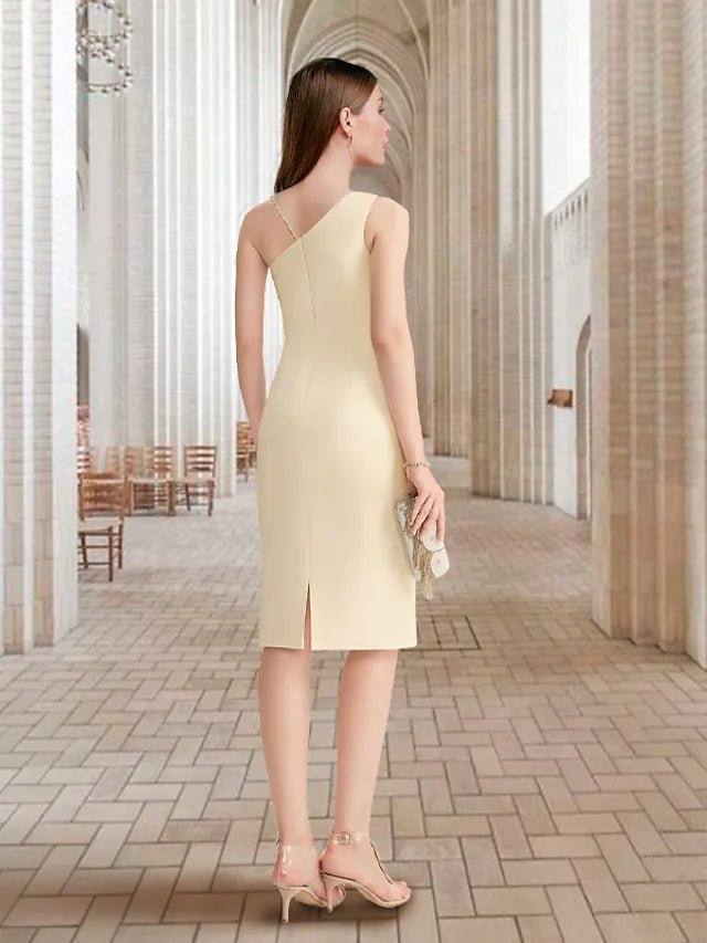Sheath / Column Mother of the Bride Dress Elegant Sweet One Shoulder Spaghetti Strap Knee Length Chiffon Sleeveless with Side-Draped - RongMoon