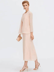 Sheath / Column Mother of the Bride Dress Elegant Two Piece Jewel Neck Tea Length Chiffon Sleeveless - RongMoon