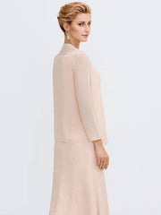 Sheath / Column Mother of the Bride Dress Elegant Two Piece Jewel Neck Tea Length Chiffon Sleeveless - RongMoon