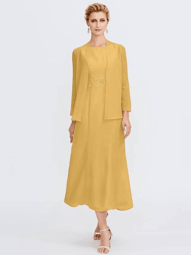 Sheath / Column Mother of the Bride Dress Elegant Two Piece Jewel Neck Tea Length Chiffon Sleeveless - RongMoon