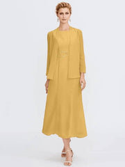 Sheath / Column Mother of the Bride Dress Elegant Two Piece Jewel Neck Tea Length Chiffon Sleeveless - RongMoon