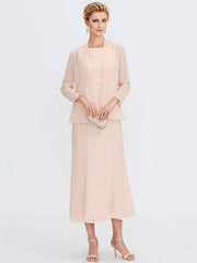 Sheath / Column Mother of the Bride Dress Elegant Two Piece Jewel Neck Tea Length Chiffon Sleeveless - RongMoon