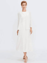 Sheath / Column Mother of the Bride Dress Elegant Two Piece Jewel Neck Tea Length Chiffon Sleeveless - RongMoon