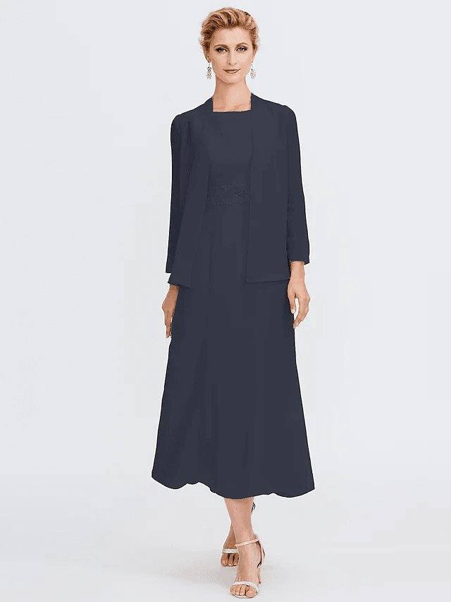 Sheath / Column Mother of the Bride Dress Elegant Two Piece Jewel Neck Tea Length Chiffon Sleeveless - RongMoon