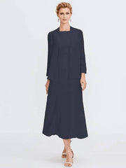 Sheath / Column Mother of the Bride Dress Elegant Two Piece Jewel Neck Tea Length Chiffon Sleeveless - RongMoon