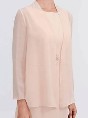 Sheath / Column Mother of the Bride Dress Elegant Two Piece Jewel Neck Tea Length Chiffon Sleeveless - RongMoon
