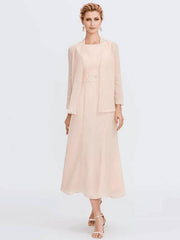 Sheath / Column Mother of the Bride Dress Elegant Two Piece Jewel Neck Tea Length Chiffon Sleeveless - RongMoon