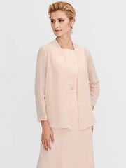 Sheath / Column Mother of the Bride Dress Elegant Two Piece Jewel Neck Tea Length Chiffon Sleeveless - RongMoon