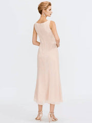 Sheath / Column Mother of the Bride Dress Elegant Two Piece Jewel Neck Tea Length Chiffon Sleeveless - RongMoon