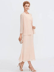 Sheath / Column Mother of the Bride Dress Elegant Two Piece Jewel Neck Tea Length Chiffon Sleeveless - RongMoon
