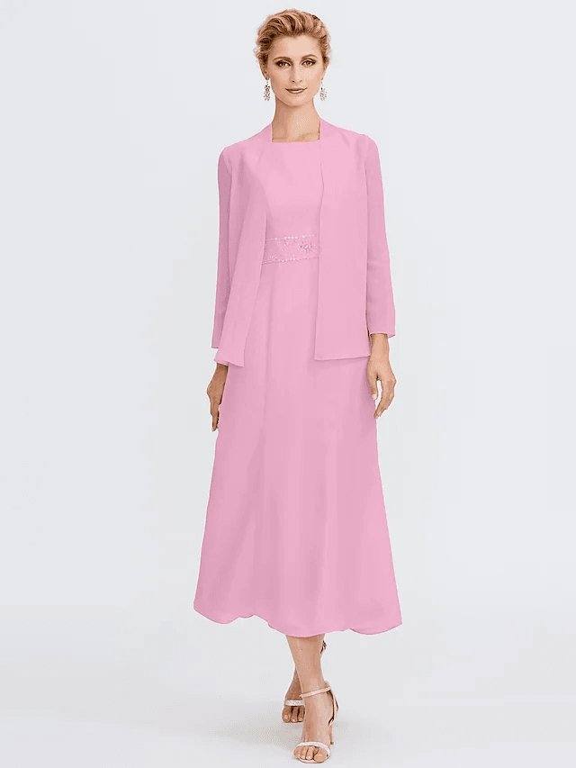 Sheath / Column Mother of the Bride Dress Elegant Two Piece Jewel Neck Tea Length Chiffon Sleeveless - RongMoon