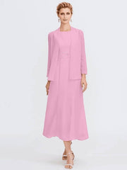 Sheath / Column Mother of the Bride Dress Elegant Two Piece Jewel Neck Tea Length Chiffon Sleeveless - RongMoon