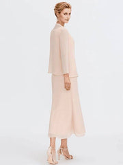 Sheath / Column Mother of the Bride Dress Elegant Two Piece Jewel Neck Tea Length Chiffon Sleeveless - RongMoon