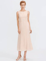 Sheath / Column Mother of the Bride Dress Elegant Two Piece Jewel Neck Tea Length Chiffon Sleeveless - RongMoon