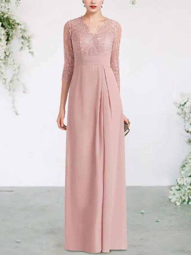 Sheath / Column Mother of the Bride Dress Elegant V Neck Floor Length Chiffon Lace Half Sleeve with Ruched Appliques - RongMoon