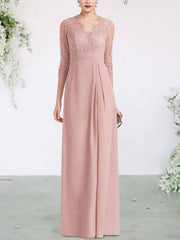 Sheath / Column Mother of the Bride Dress Elegant V Neck Floor Length Chiffon Lace Half Sleeve with Ruched Appliques - RongMoon