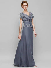 Sheath / Column Mother of the Bride Dress Elegant V Neck Floor Length Chiffon Lace Short Sleeve with Lace - RongMoon
