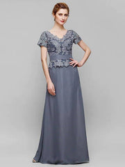 Sheath / Column Mother of the Bride Dress Elegant V Neck Floor Length Chiffon Lace Short Sleeve with Lace - RongMoon