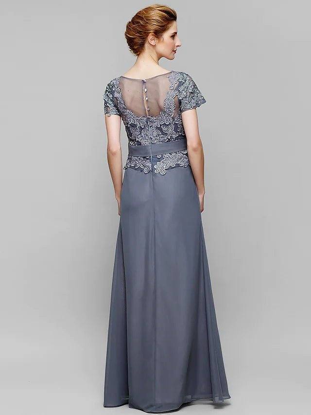Sheath / Column Mother of the Bride Dress Elegant V Neck Floor Length Chiffon Lace Short Sleeve with Lace - RongMoon