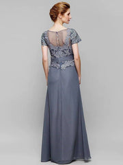 Sheath / Column Mother of the Bride Dress Elegant V Neck Floor Length Chiffon Lace Short Sleeve with Lace - RongMoon
